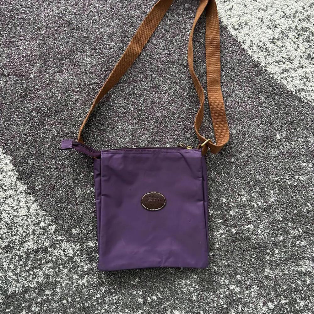 Longchamp Purple Crossbody Bag with Tan Strap